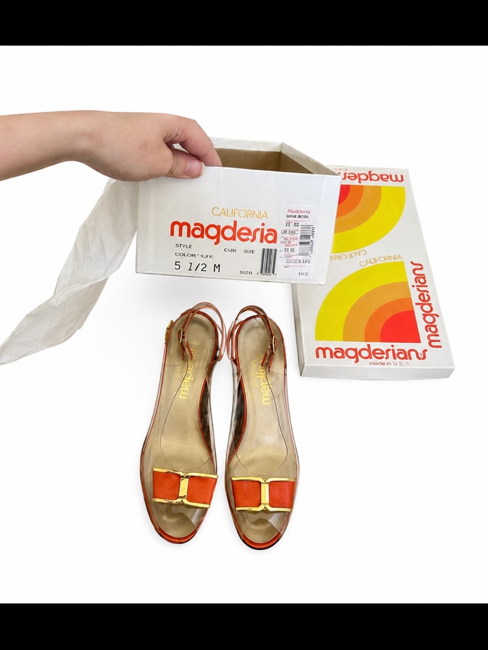 🖤5/$25 Women's Orange Leather Slingback Heels Gold trim clear peeptoe bow